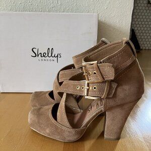Shellys London Tan Suede Strappy Heels 37 (US 6.5)